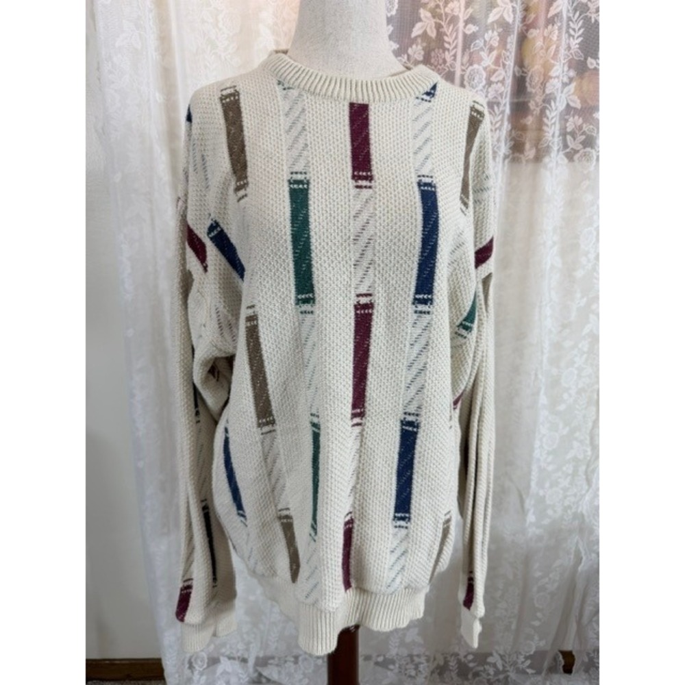 Vintage Carmel Mens Large Cream Multi Color Stripe Textured Knit Cotton Sweater